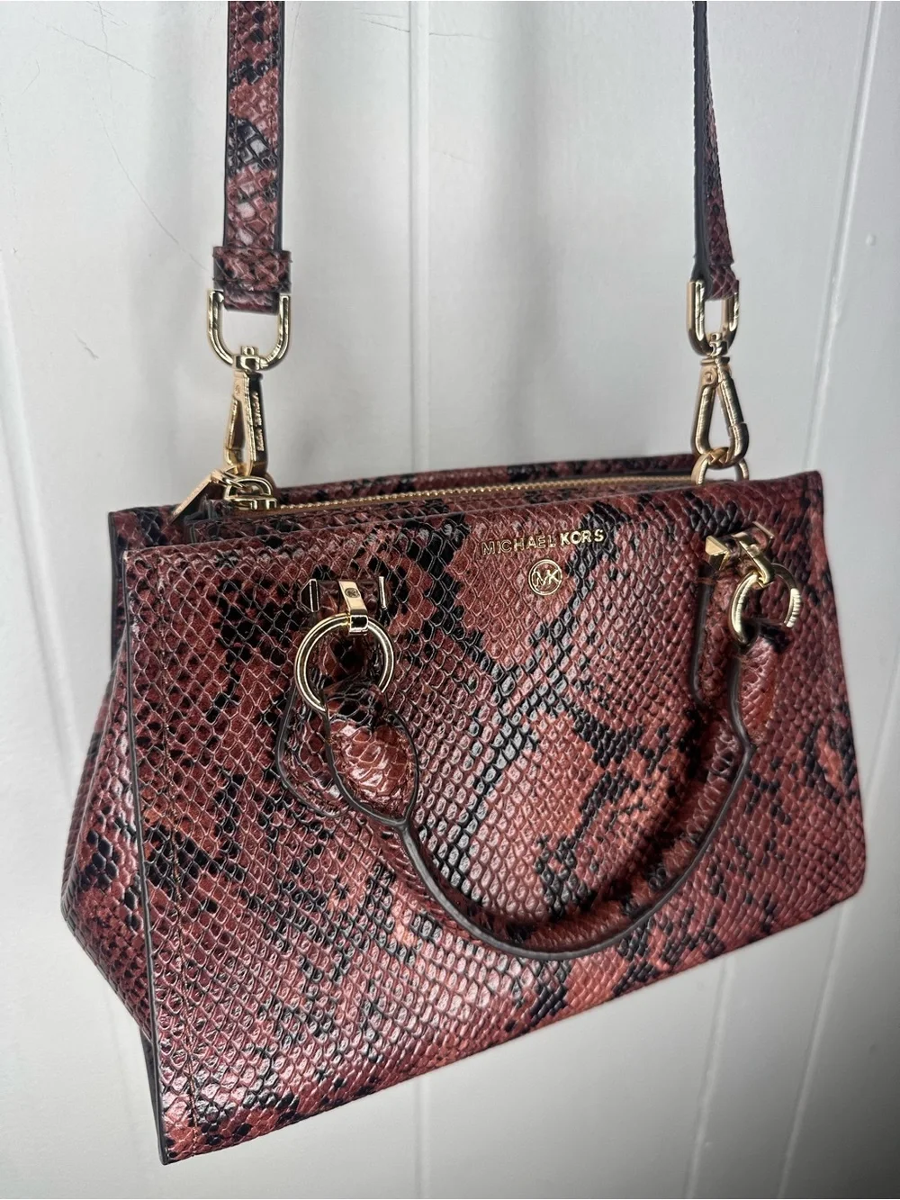 Michael Kors Burgundy Snake-Print Satchel with Gold Hardware